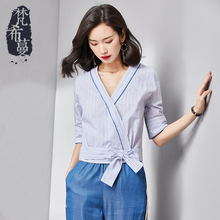 梵希蔓v领短款蓝白条纹衬衫2018秋季新款女装韩版修身衬衣七分袖图片