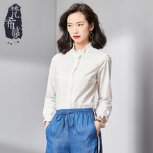 梵希蔓白色衬衫女长袖2018秋季纯棉木耳边立领喇叭袖复古韩版衬衣图片