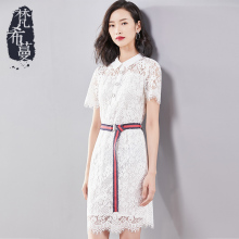 梵希蔓蕾丝裙子女2018新款镂空黑色连衣裙女夏季短袖减龄收腰显瘦图片