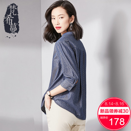 梵希蔓牛仔衬衣女2018秋装新款薄款波点气质V领七分袖纯棉衬衫女商品大图