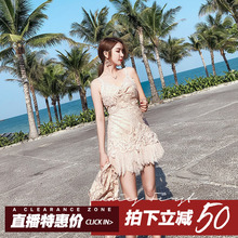 新品 女夏2018夏装 蕾丝吊带连衣裙 重工定制名媛性感小礼服露背短裙