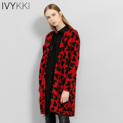 ivykki艾维秋冬季新款女装V领中长款豹纹马海毛开衫针织衫毛衣