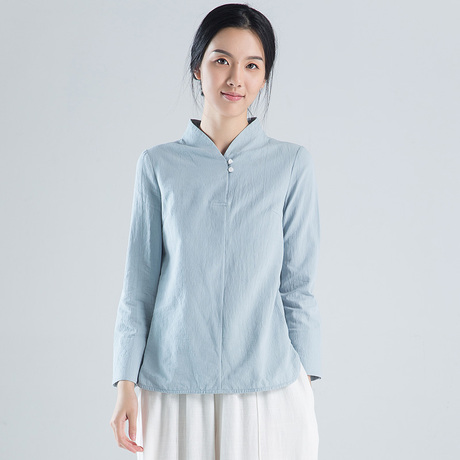春夏改良短款旗袍上衣女长袖中国风唐装汉服中式上衣宽松禅意茶服商品大图