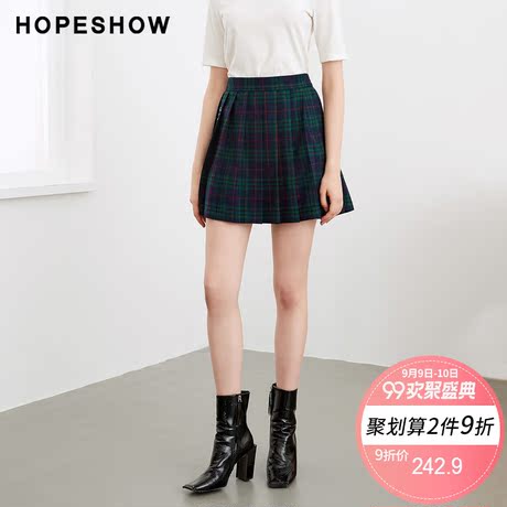 红袖女装2018秋装新款韩版学院风字母刺绣格子百褶短裙半身裙女商品大图
