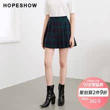 红袖女装2018秋装新款韩版学院风字母刺绣格子百褶短裙半身裙女图片