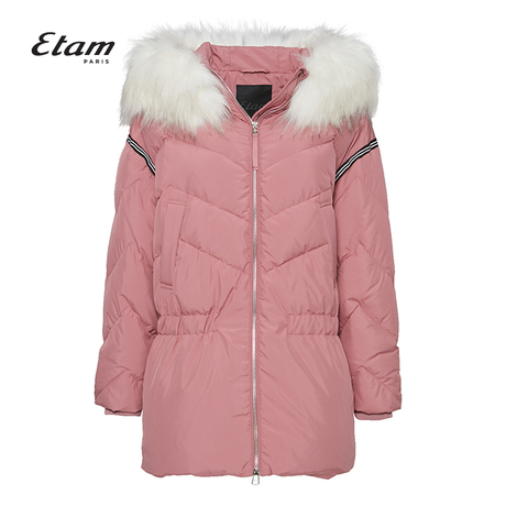 艾格Etam2018冬季新款女纯色毛领连帽中长款羽绒服8E013505605商品大图
