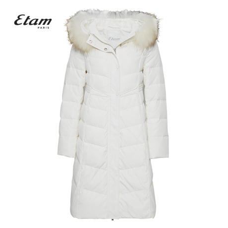 艾格Etam2018冬季新款女纯色毛领连帽中长款羽绒服8E013502286商品大图