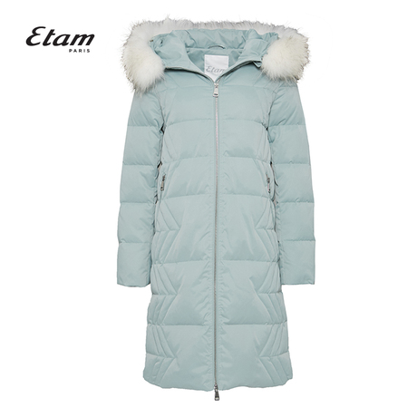 艾格Etam2018冬季新款女纯色毛领连帽中长款羽绒服8E013503635商品大图