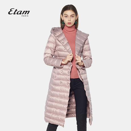 艾格Etam冬季简约纯色双排扣显瘦连帽中长款羽绒服女170135046商品大图