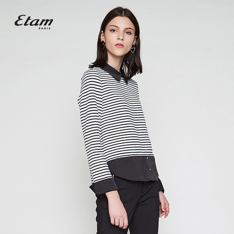 艾格Etam休闲简约经典条纹拼接长袖衬衫女8A012812395商品大图