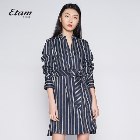 艾格Etam2018新款条纹系带收腰短款长袖连衣裙8E012200040商品大图