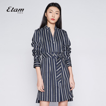 艾格Etam2018新款条纹系带收腰短款长袖连衣裙8E012200040图片