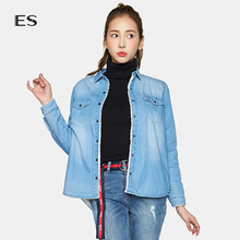 艾格ES时尚休闲经典夹层水洗牛仔长袖翻领衬衫女8A031407147图片