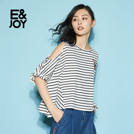 艾格E&joy女条纹露肩宽松五分袖T恤衫8E082806195商品大图