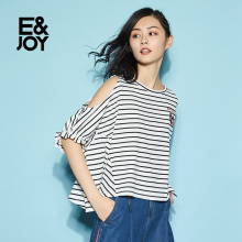 艾格E&joy女条纹露肩宽松五分袖T恤衫8E082806195图片