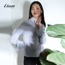 艾格Etam时尚韩范条纹系带长袖衬衫女8E011410047图片