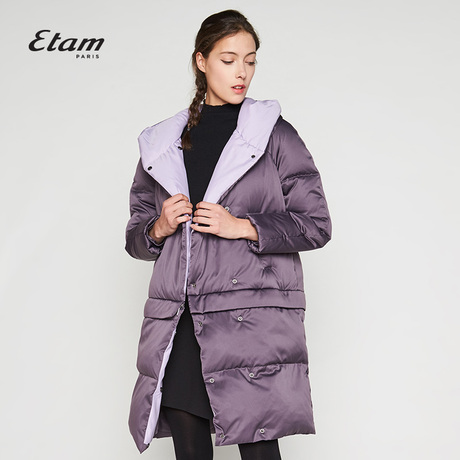 艾格Etam春季纯色廓形面包服连帽中长款羽绒服女8E013500055商品大图