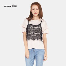 艾格Weekend夏季荷叶袖蕾丝拼接纯色短袖T恤女17022835105图片