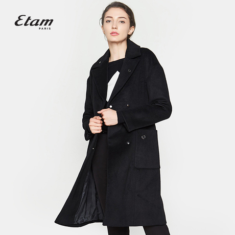 艾格Etam时尚简约舒适纯色中长款直筒毛呢大衣女8A013411695商品大图
