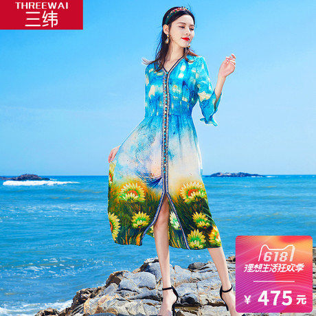 三纬2018夏季新款印花桑蚕丝长裙度假荷叶袖高腰真丝连衣裙女装商品大图