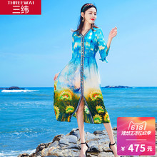 三纬2018夏季新款印花桑蚕丝长裙度假荷叶袖高腰真丝连衣裙女装图片