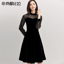 尚都比拉2018新款秋装长袖中裙时尚复古丝绒透视拼接雪纺连衣裙女图片