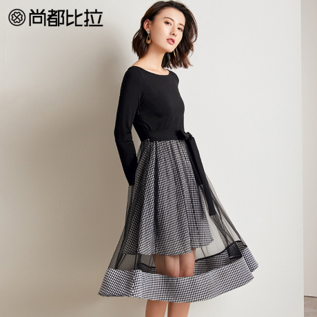 【8折价214元】复古格子拼接双层纱蝴蝶结针织纯色连衣裙女商品大图