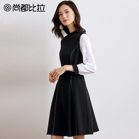 尚都比拉2018秋季新款显瘦撞色明线边可拆卸腰带拼接雪纺连衣裙女商品大图