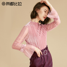 【8折价103元】尚都比拉拼接透视蕾丝网纱喇叭袖显瘦丝绒长袖T恤图片