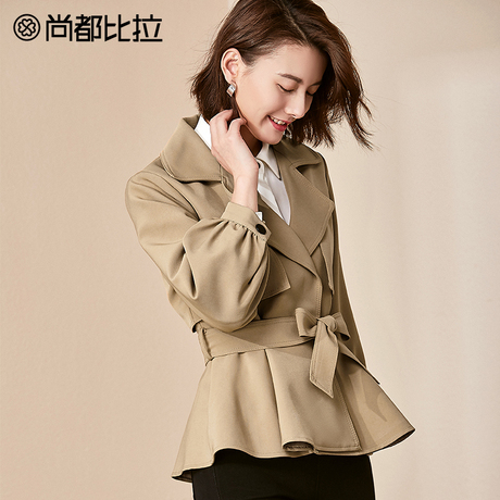 【8折价：398元】尚都比拉西装领收腰显瘦灯笼袖短款纯色风衣外套商品大图