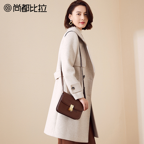 【8折价：398元】尚都比拉西装领简约纯色双排扣中长款毛呢外套女商品大图