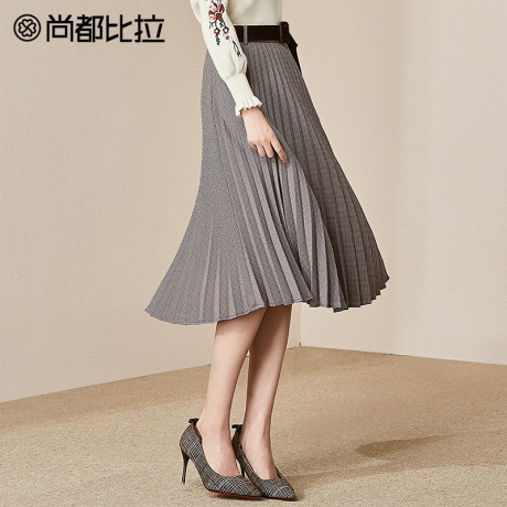 【8折价214元】尚都比拉丝绒可拆卸腰带 优雅千鸟格百褶裙半身裙商品大图