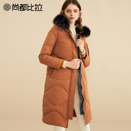 【8折价559元】尚都比拉韩版中长款连帽毛领加厚白鸭绒羽绒服女商品大图
