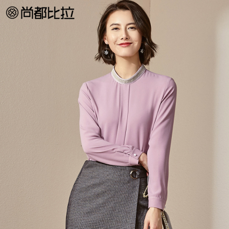 【8折价158元】尚都比拉半高领亮珠织带褶皱淑女简约纯色OL衬衫商品大图