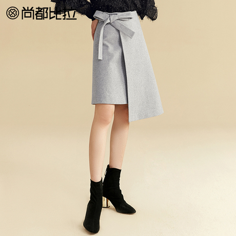 【双11预售】尚都比拉系带蝴蝶结不规则纯色A字裙毛呢半身裙女商品大图