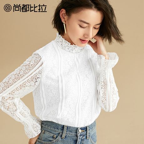 【8折价150元】尚都比拉时尚半高领上衣简约纯色喇叭袖加绒蕾丝衫商品大图