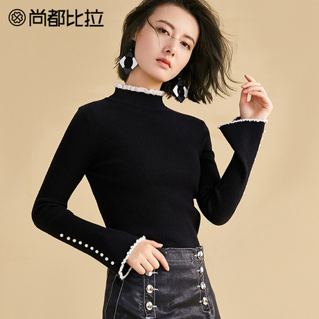【8折价143元】尚都比拉半高领撞色木耳边喇叭袖套头毛衣毛针织衫商品大图