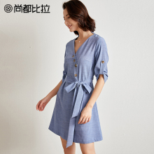 尚都比拉裙子女2018秋新显瘦V领腰带装饰七分袖简约纯色连衣裙图片