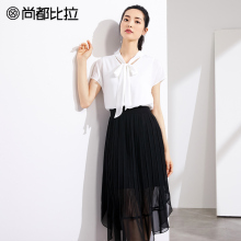 尚都比拉黑白配假两件雪纺裙冷淡风连衣裙V领系带短袖极简套裙图片