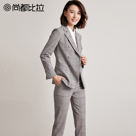 尚都比拉外套女2018新款秋装气质翻领可拆卸腰带英伦格纹女士西装商品大图
