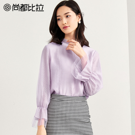 尚都比拉上衣女2018新款秋装拼接网纱灯笼袖简约纯色长袖雪纺衫商品大图