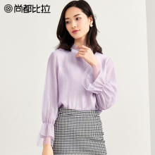尚都比拉上衣女2018新款秋装拼接网纱灯笼袖简约纯色长袖雪纺衫图片