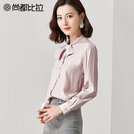 尚都比拉衬衫女2018新款秋装气质蝴蝶结领口长袖舒适纯色雪纺衫女商品大图