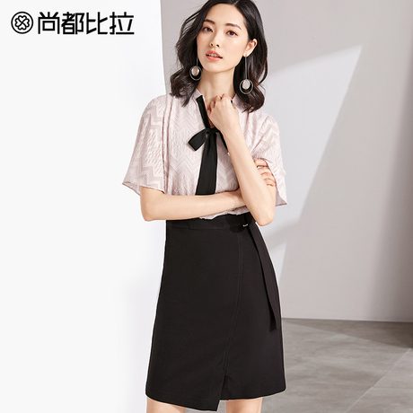 尚都比拉提花雪纺连衣裙蝴蝶结系带不规则裙摆通勤ol时尚裙子2018商品大图