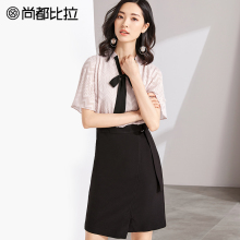 尚都比拉提花雪纺连衣裙蝴蝶结系带不规则裙摆通勤ol时尚裙子2018图片