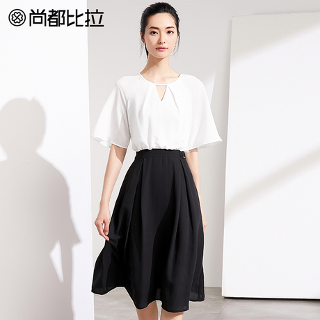 【惠】黑白极简气质裙子夏女2018新款冷淡风雪纺连衣裙中长裙商品大图