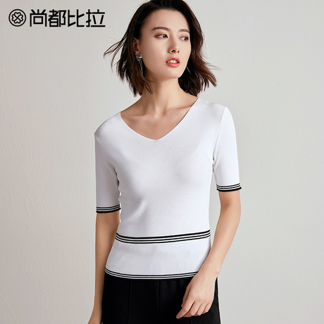 尚都比拉2018新款秋装简约女上衣撞色显瘦V领五分袖套头针织衫商品大图