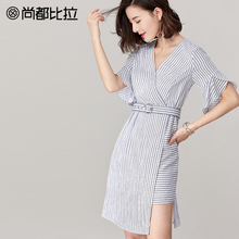 尚都比拉气质V领ol包臀连体裙时尚中裙子女荷叶袖黑白条纹连衣裙图片