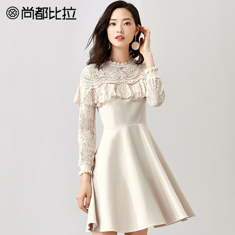 尚都比拉女裙子2018新款秋装性感透视蕾丝时尚拼接大裙摆连衣裙商品大图