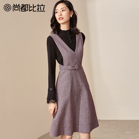 【8折价270元】尚都比拉腰带修身显瘦无袖V领纯色毛呢背带连衣裙商品大图